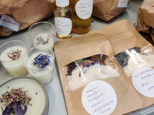 Handmade natural skincare products and herbal ingredients from a DIY cosmetics workshop